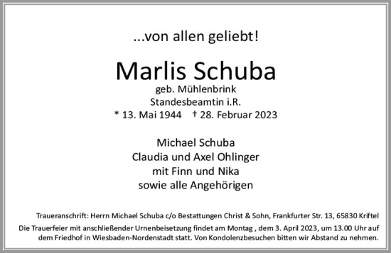 Traueranzeige von Marlis Schuba von Wiesbadener Kurier
