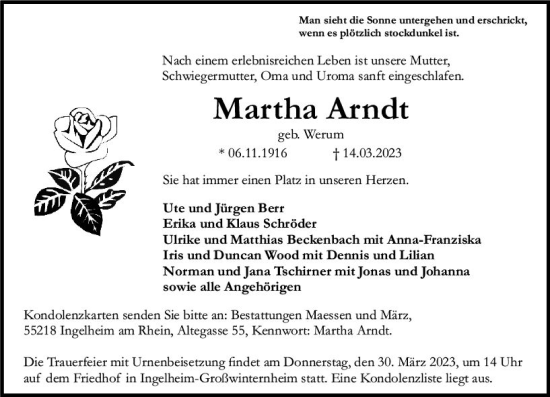 Traueranzeige von Martha Arndt von Allgemeine Zeitung Bingen/Ingelheim