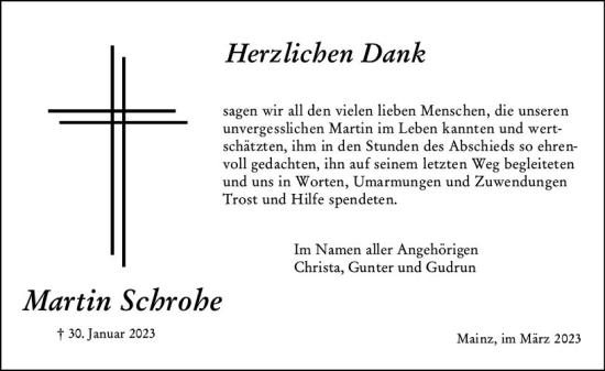 Traueranzeige von Martin Schrohe von Allgemeine Zeitung Mainz