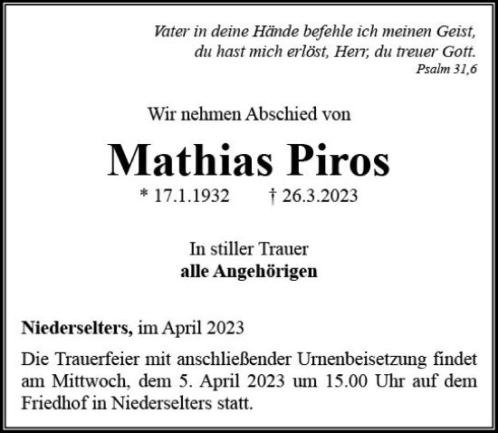 Traueranzeige von Mathias Piros von Camberger Anzeiger