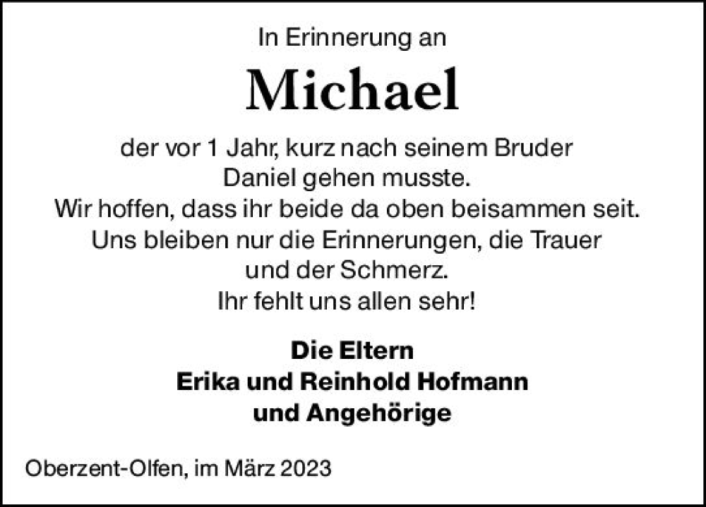  Traueranzeige für Michael  vom 18.03.2023 aus Odenwälder Echo