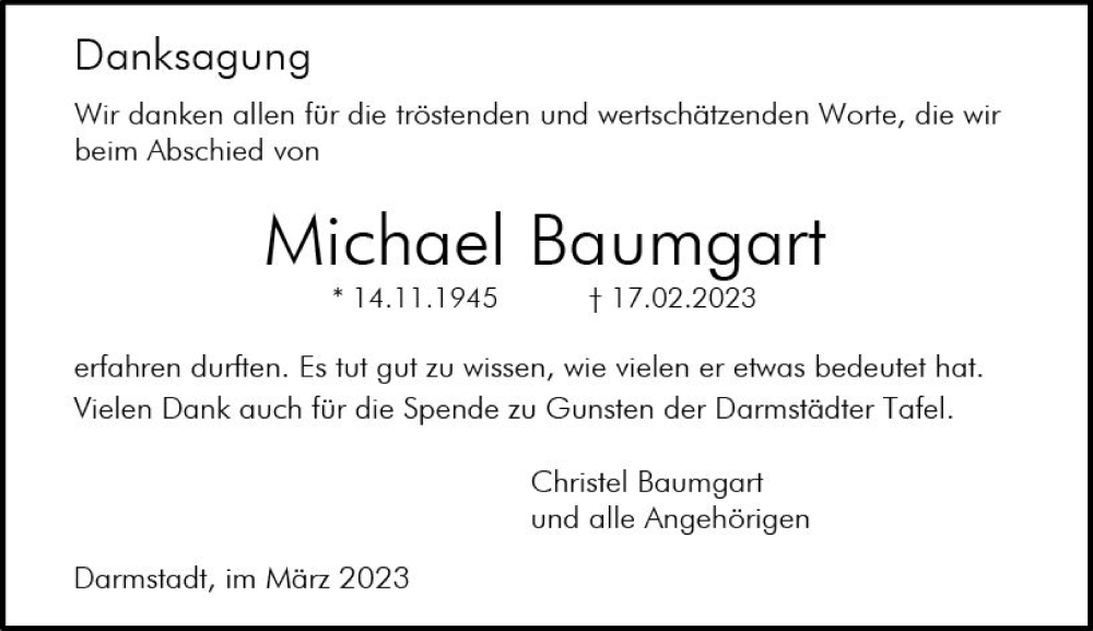  Traueranzeige für Michael Baumgart vom 25.03.2023 aus Darmstädter Echo