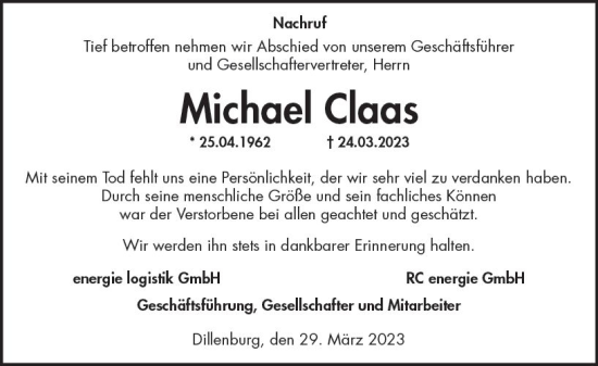 Traueranzeige von Michael Claas von Dill Block