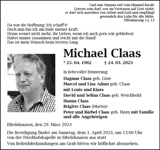 Traueranzeige von Michael Claas von Dill Block