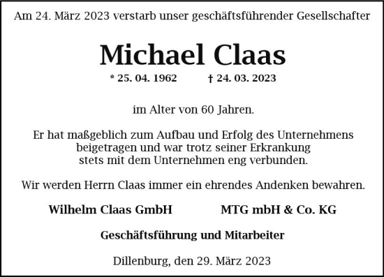 Traueranzeige von Michael Claas von Dill Block