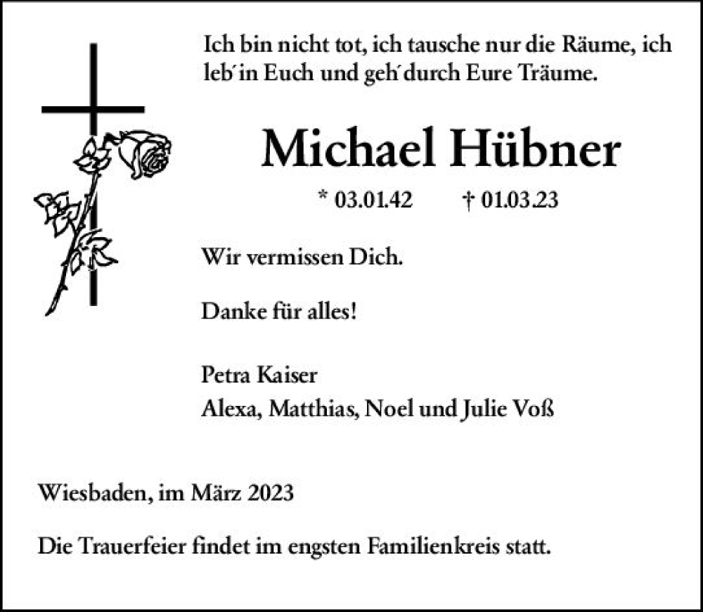  Traueranzeige für Michael Hübner vom 18.03.2023 aus Wiesbadener Kurier