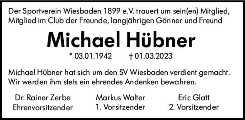  Traueranzeige für Michael Hübner vom 25.03.2023 aus Wiesbadener Kurier