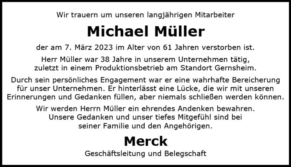  Traueranzeige für Michael Müller vom 18.03.2023 aus Groß-Gerauer Echo