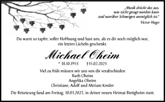 Traueranzeige von Michael Oheim von Darmstädter Echo