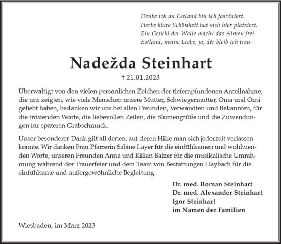 Traueranzeige von Nadezda Steinhart von Wiesbadener Kurier