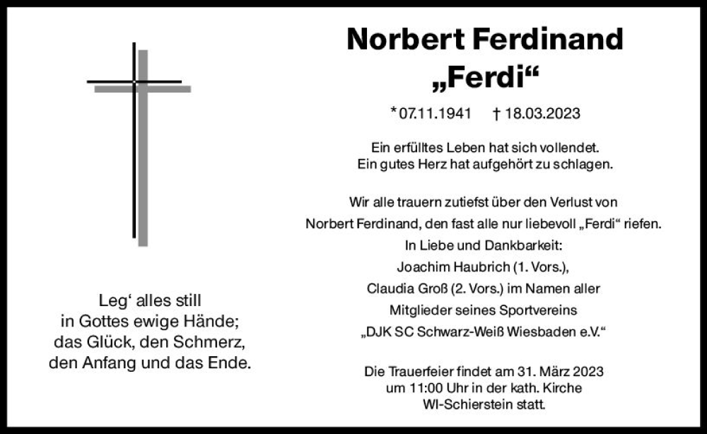  Traueranzeige für Norbert Ferdinand vom 25.03.2023 aus Wiesbadener Kurier
