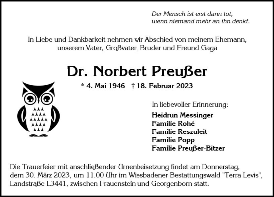 Traueranzeige von Norbert Preußer von Wiesbadener Kurier