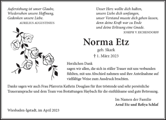 Traueranzeige von Norma Etz von Wiesbadener Kurier
