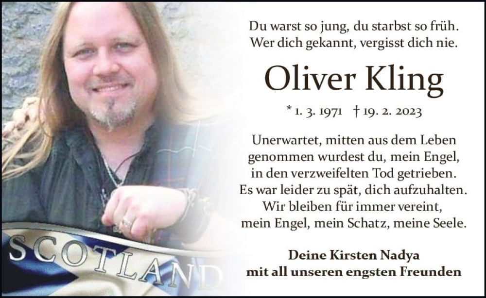  Traueranzeige für Oliver Kling vom 18.03.2023 aus Odenwälder Echo