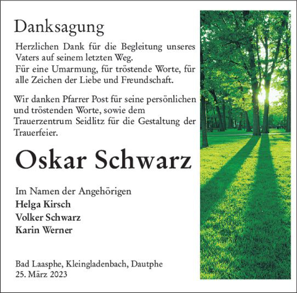  Traueranzeige für Oskar Schwarz vom 25.03.2023 aus Hinterländer Anzeiger