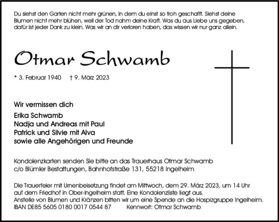Traueranzeige von Otmar Schwamb von Allgemeine Zeitung Bingen/Ingelheim
