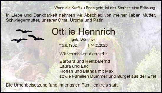 Traueranzeige von Ottilie Hennrich von Dieburger Anzeiger/Groß-Zimmerner Lokal-Anzeiger