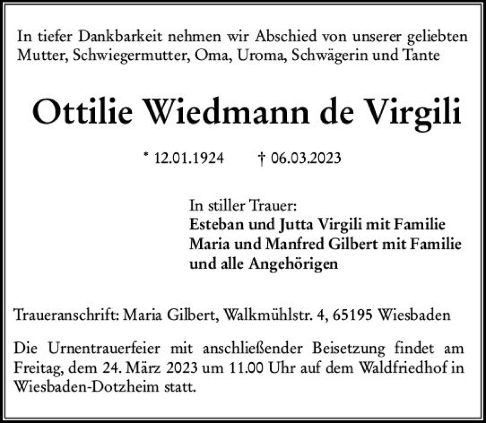  Traueranzeige für Ottilie Wiedmann de Virgili vom 18.03.2023 aus Wiesbadener Kurier