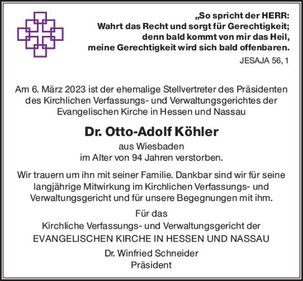  Traueranzeige für Otto-Adolf Köhler vom 25.03.2023 aus Wiesbadener Kurier