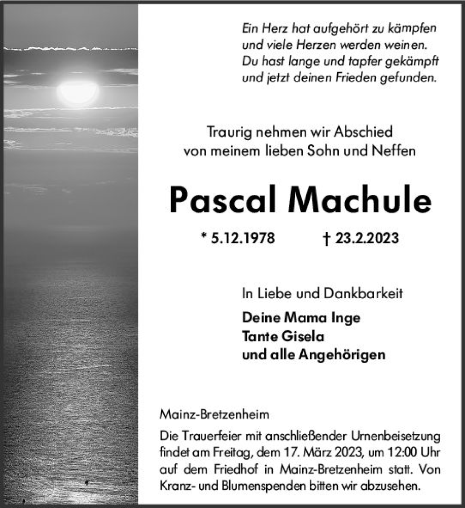  Traueranzeige für Pascal Machule vom 11.03.2023 aus Allgemeine Zeitung Mainz
