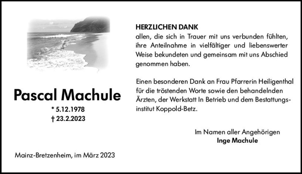  Traueranzeige für Pascal Machule vom 25.03.2023 aus Allgemeine Zeitung Mainz