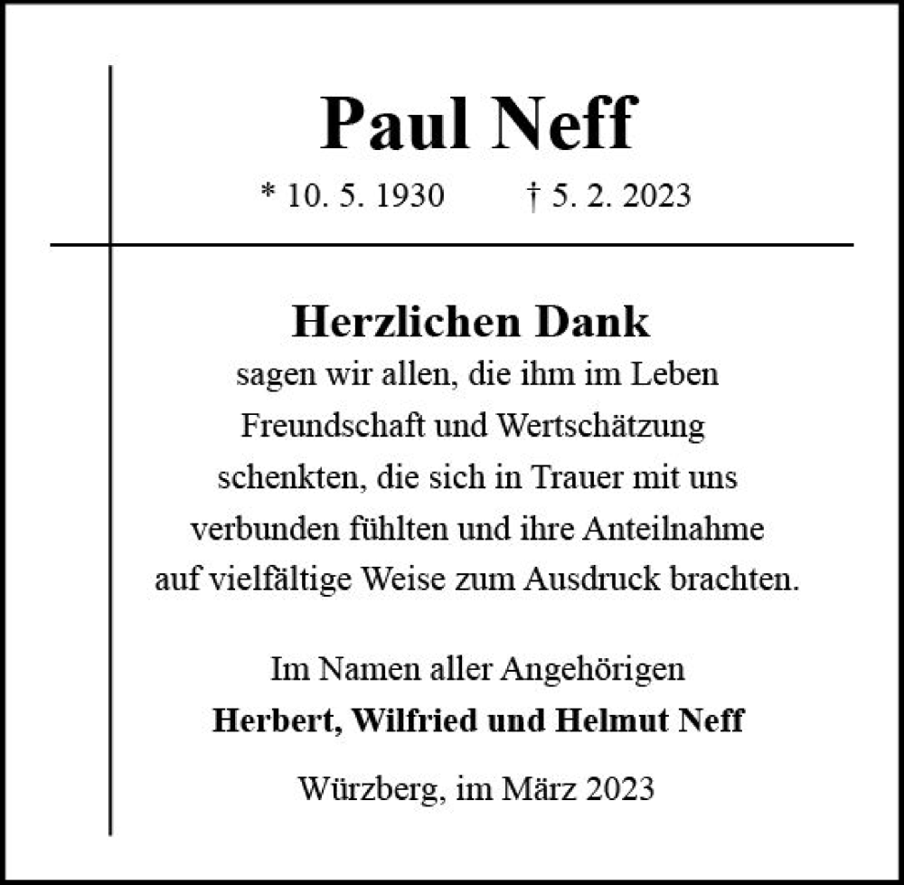  Traueranzeige für Paul Neff vom 18.03.2023 aus Odenwälder Echo
