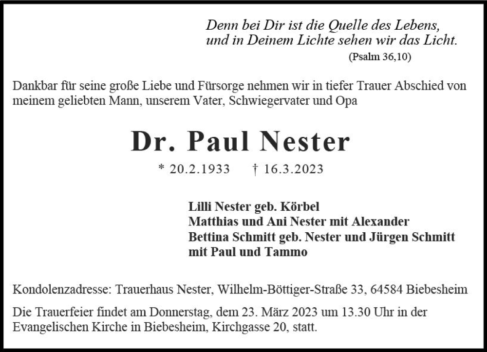  Traueranzeige für Paul Nester vom 22.03.2023 aus Darmstädter Echo