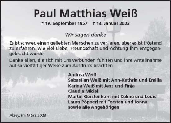 Traueranzeige von Paul Matthias Weiß von Allgemeine Zeitung Alzey