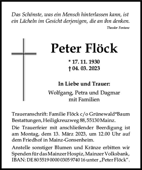 Traueranzeige von Peter Flöck von Allgemeine Zeitung Mainz