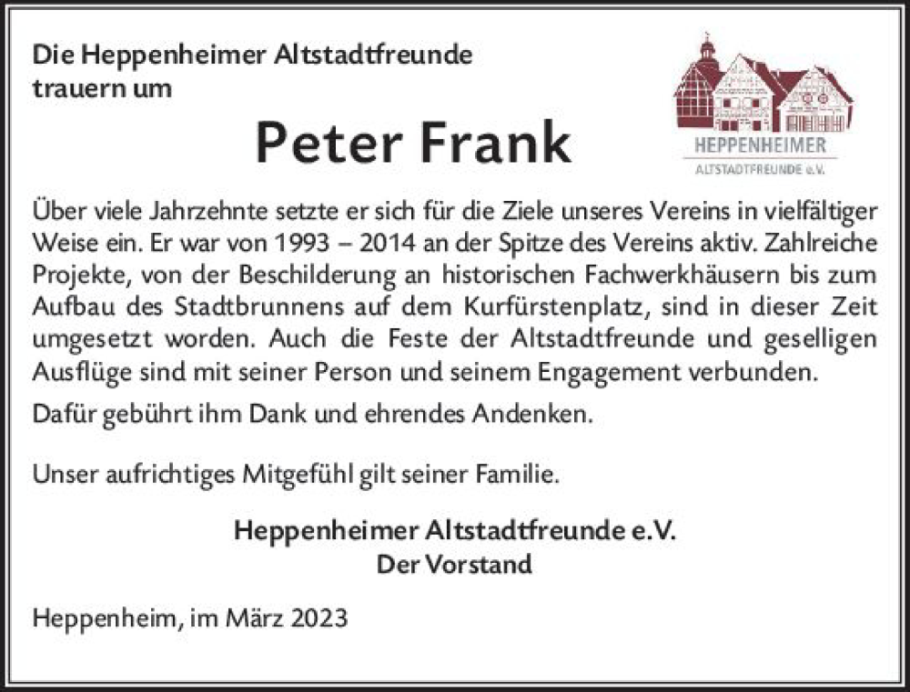  Traueranzeige für Peter Frank vom 15.03.2023 aus Starkenburger Echo