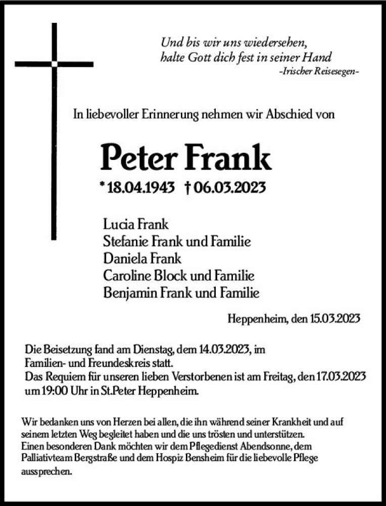  Traueranzeige für Peter Frank vom 15.03.2023 aus Starkenburger Echo