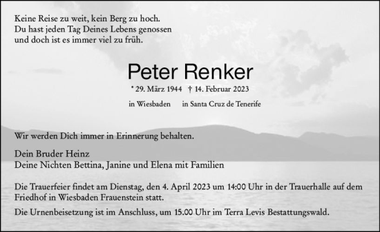 Traueranzeige von Peter Renker von Wiesbadener Kurier