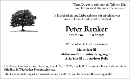 Traueranzeige von Peter Renker von Wiesbadener Kurier