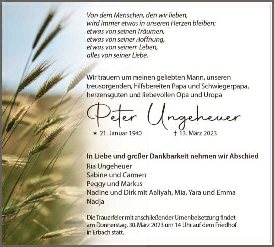 Traueranzeige von Peter Ungeheuer von Camberger Anzeiger