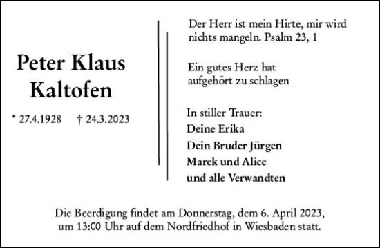Traueranzeige von Peter KLaus Kaltofen von Wiesbadener Kurier