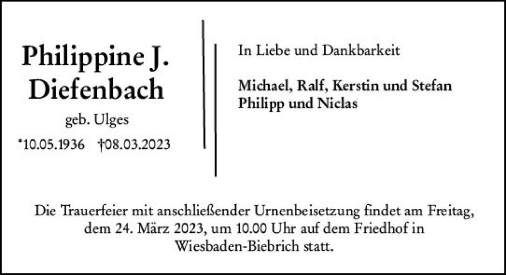 Traueranzeige für Philippine J. Diefenbach vom 18.03.2023 aus Wiesbadener Kurier