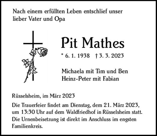 Traueranzeige von Pit Mathes von Rüsselsheimer Echo