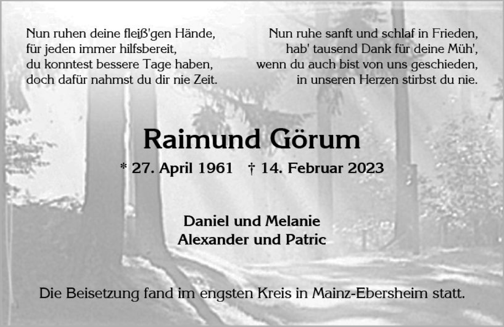  Traueranzeige für Raimund Görum vom 04.03.2023 aus Wiesbadener Kurier