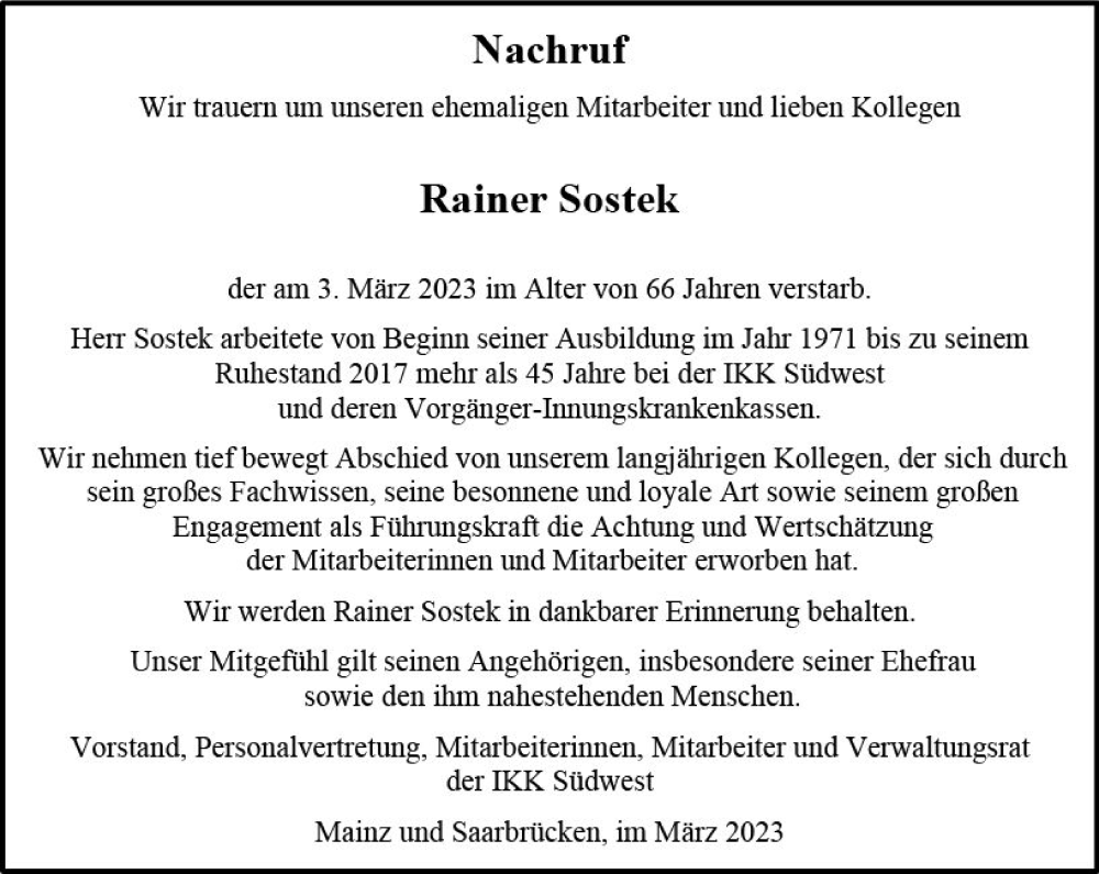  Traueranzeige für Rainer Sostek vom 18.03.2023 aus Allgemeine Zeitung Mainz