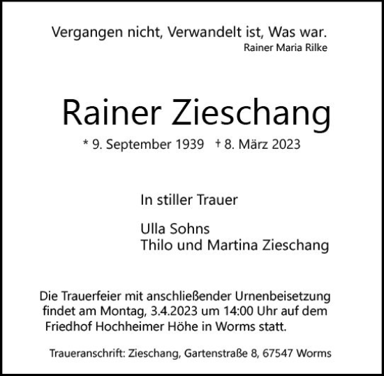 Traueranzeige von Rainer Zieschang von Wormser Zeitung
