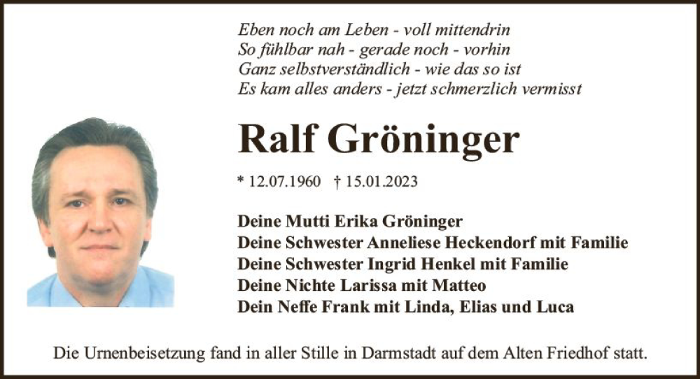  Traueranzeige für Ralf Gröninger vom 01.04.2023 aus Darmstädter Echo