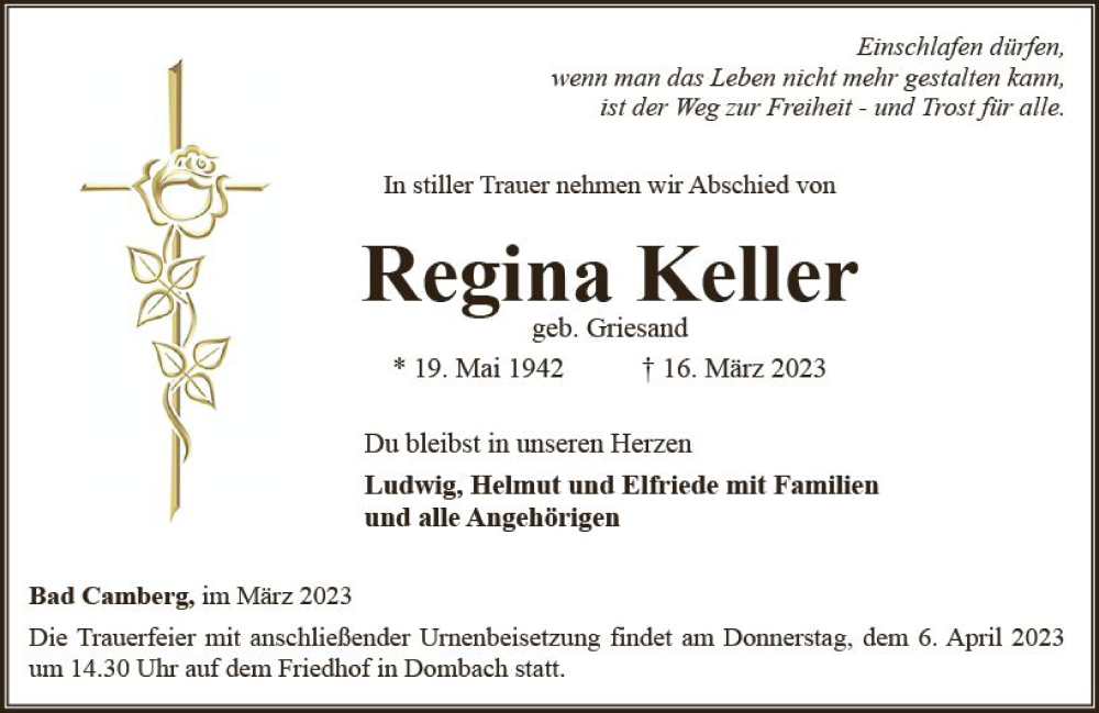  Traueranzeige für Regina Keller vom 30.03.2023 aus Camberger Anzeiger