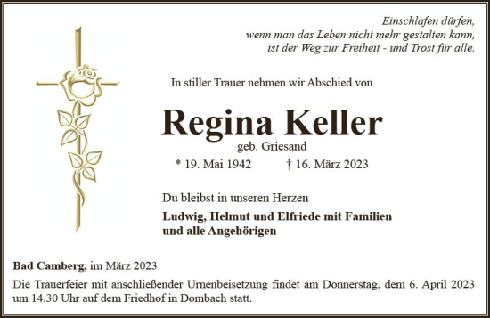 Traueranzeige von Regina Keller von Camberger Anzeiger