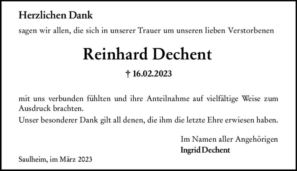 Traueranzeige für Reinhard Dechent vom 25.03.2023 aus Allgemeine Zeitung Mainz