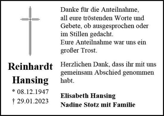 Traueranzeige von Reinhardt Hansing von Dill Block