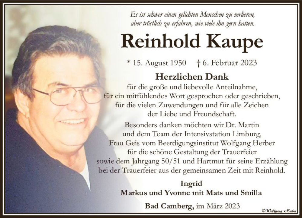  Traueranzeige für Reinhold Kaupe vom 16.03.2023 aus Camberger Anzeiger