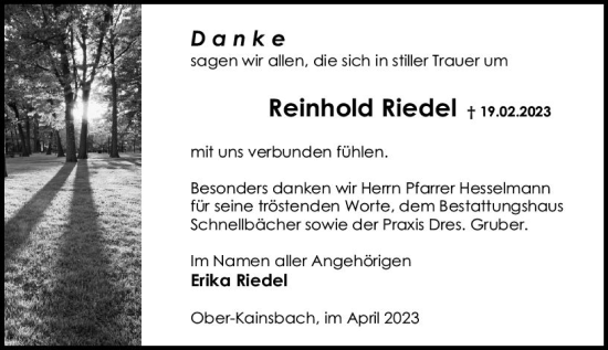 Traueranzeige von Reinhold Riedel von Odenwälder Echo