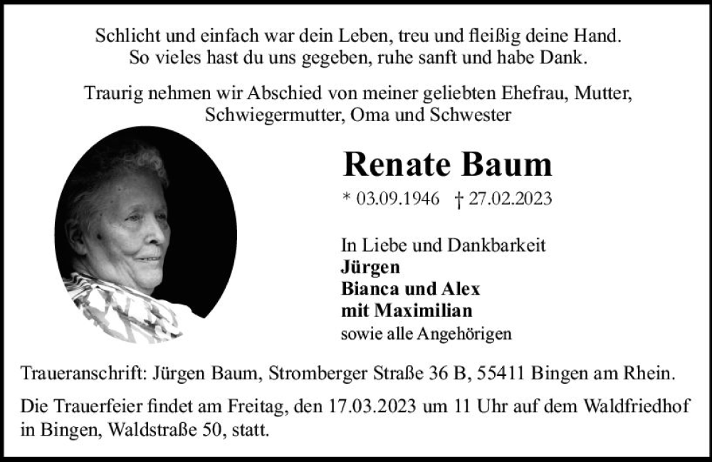  Traueranzeige für Renate Baum vom 11.03.2023 aus Allgemeine Zeitung Bingen/Ingelheim