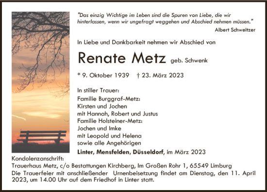 Traueranzeige von Renate Metz von Nassauische Neue Presse