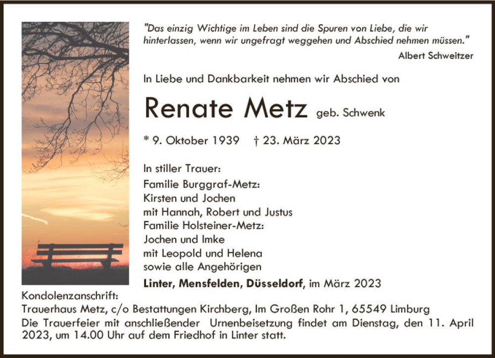 Traueranzeige für Renate Metz vom 01.04.2023 aus Nassauische Neue Presse